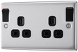 NBS22DPOBB Front - This 13A double switched socket from British General is double pole for additional safety, whilst the outboard rockers prevent inadvertently switching the wrong side off as they are not directly next to each other. This socket has a brushed steel finish with anti-fingerprint lacquer, a sleek and slim profile.