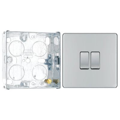 BG Screwless Polished Chrome 20A 16AX 2 Way Double Light Switch FPC42 with 25mm Steel Back Box by British General (BG-FPC42+HGS02)