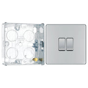 BG Screwless Polished Chrome 20A 16AX 2 Way Double Light Switch FPC42 with 25mm Steel Back Box by British General (BG-FPC42+HGS02)
