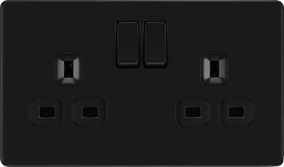 BG Nexus Flatplate Screwless Matt Black Double Socket FFB22B Black Insert 13 Amp