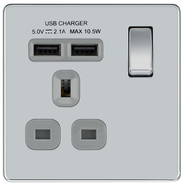 BG FPC21U2G Nexus Screwless Flat-Plate Single Switched Plug Socket Polished Chrome Grey Insert 2 USB 2.1A