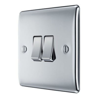 BG Nexus Polished Chrome 20A 16AX 2 Way Double Light Switch NPC42 with 35mm Steel Back Box