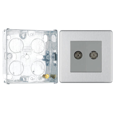 BG Screwless Brushed Steel Double Isolated Co-Axial Socket FBS63 with 25mm Steel Back Box by British General (BG-FBS63+HGS02)