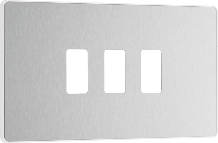 RPCDBS3W Front - The Grid modular range from British General allows you to build your own module configuration with a variety of combinations and finishes. This brushed steel finish Evolve front plate clips on for a seamless finish, and can accommodate 3 Grid modules - ideal for switches and other domestic applications.