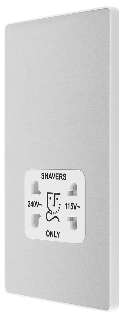 BG PCDBS20W Brushed Steel Evolve 115-240V Dual Voltage Shaver Socket - White Insert