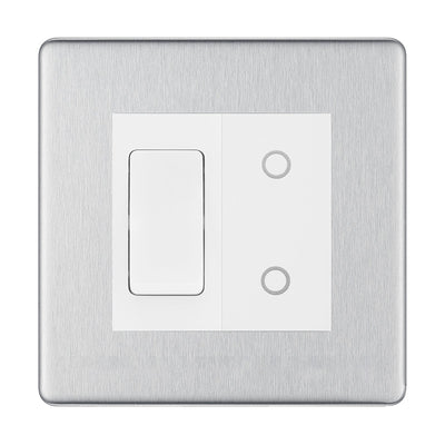 BG Brushed Steel Screwless 2 Gang Custom Switch 1x 2 Way Switch 1x Master Touch Dimmer White Inserts by British General (BG-SL-BS-2G-1x-2-WAY-SWITCH-1x-MTD-WI)