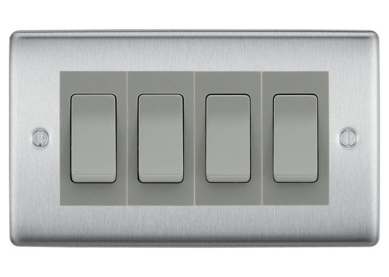 BG Nexus Brushed Steel 4 Gang Intermediate Light Switch Custom Grid - Grey Insert