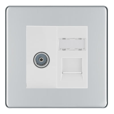 BG Screwless Polished Chrome TV Aerial & RJ45 CAT6 Data Socket - White Insert