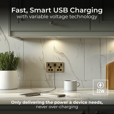 BG Evolve PCDSB22UAC22B 13A Double Switched Socket + USB A+C (22W) - Satin Brass