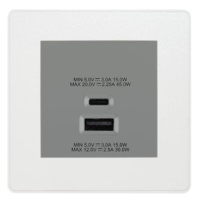 BG Evolve Pearl White 45W USB Wall Socket Euro Module USB-A & C - Grey Insert by British General (BG-PCDCLEMS2W+EMUSBAC45G)
