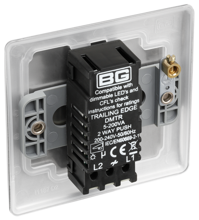 BG NBS81 Nexus Metal Brushed Steel 1 Gang 200W 2 Way Trailing Edge Push Type Dimmer Switch