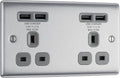 BG NBS24U44G Nexus Metal Brushed Steel 2 Gang 13A 4x USB-A 4.2A Unswitched Socket - Grey Insert