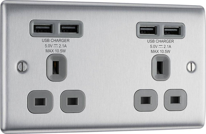 BG NBS24U44G Nexus Metal Brushed Steel 2 Gang 13A 4x USB-A 4.2A Unswitched Socket - Grey Insert