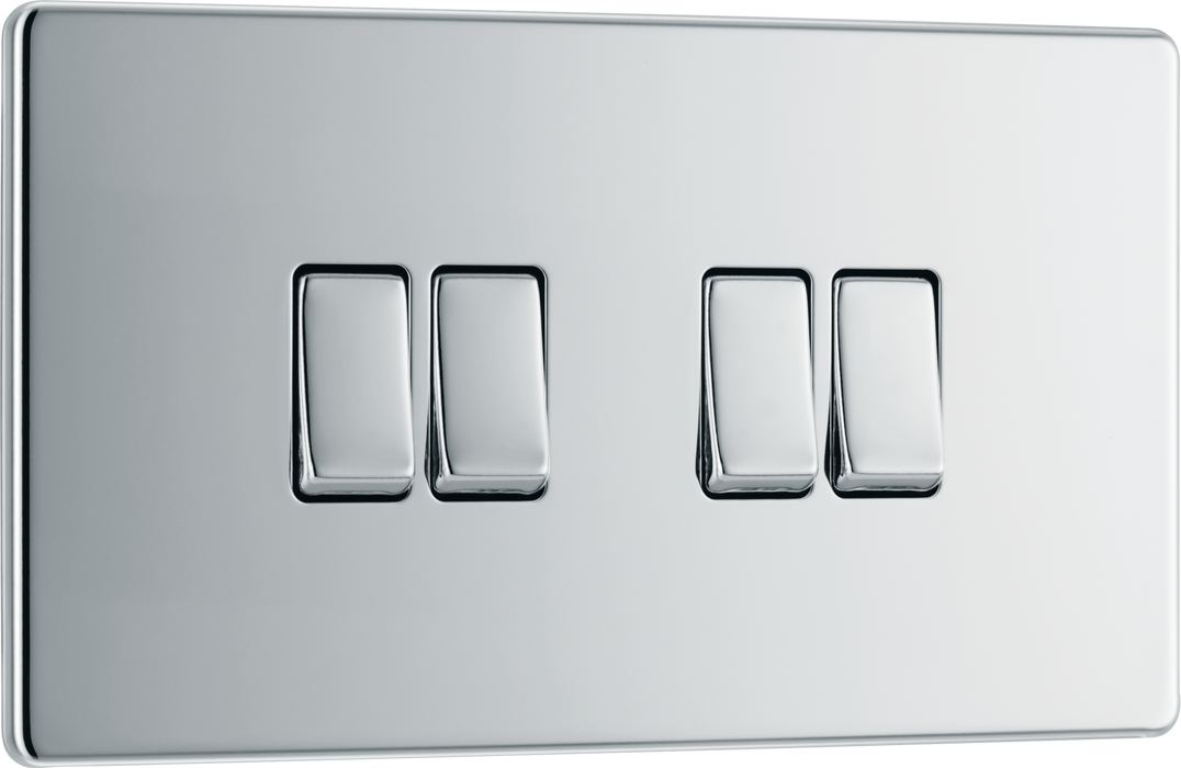 FPC44 Front - This Screwless Flat plate polished chrome finish 20A 16AX quadruple light switch from British General can operate 4 different lights whilst the 2 way switching allows a second switch to be added to the circuit to operate the same light from another location (e.g. at the top and bottom of the stairs).