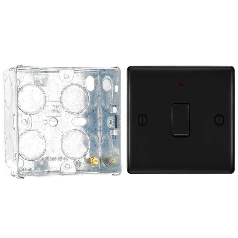 BG Nexus Matt Black 1 Gang 20A 2 Pole Neon Switch NFB31 with 35mm Steel Back Box