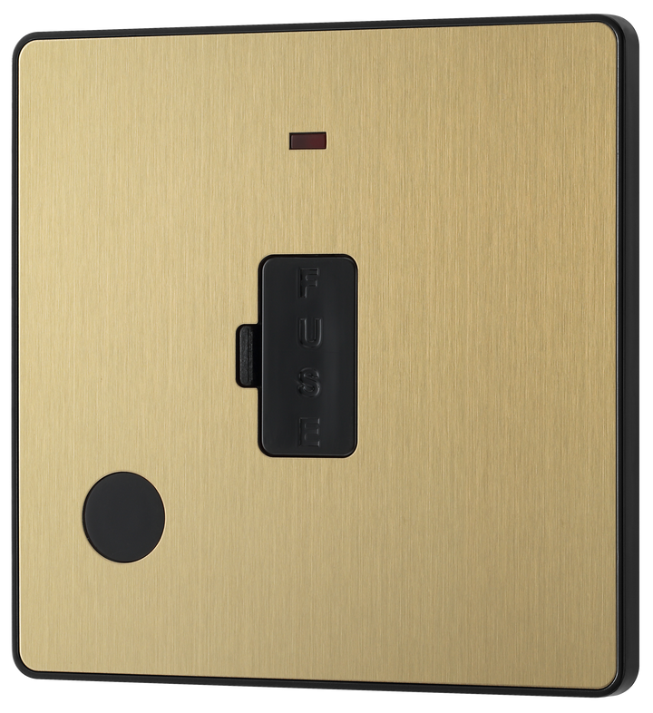 PCDSB54B Front - This Evolve Satin Brass 13A fused and unswitched connection unit from British General provides an outlet from the mains containing the fuse, ideal for spur circuits and hardwired appliances.