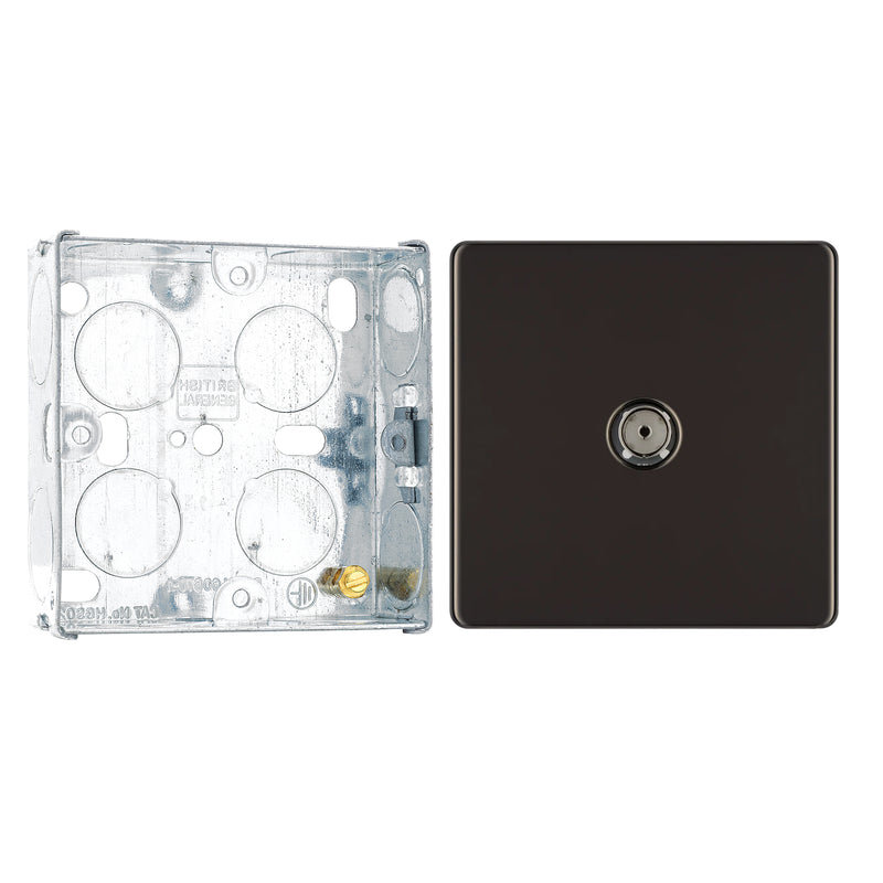 BG Screwless Black Nickel 1 Gang Coaxial TV Socket FBN60 with 25mm Steel Back Box