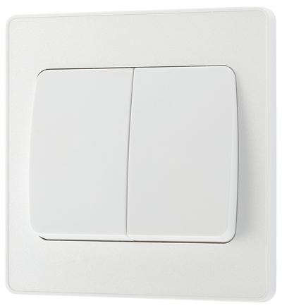 PCDCL42WW Front - This Evolve pearlescent white 20A 16AX double light switch from British General can operate 2 different lights, whilst the 2 way switching allows a second switch to be added to the circuit to operate the same light from another location (e.g. at the top and bottom of the stairs).
