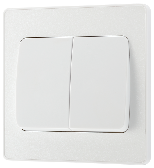 PCDCL42WW Front - This Evolve pearlescent white 20A 16AX double light switch from British General can operate 2 different lights, whilst the 2 way switching allows a second switch to be added to the circuit to operate the same light from another location (e.g. at the top and bottom of the stairs).