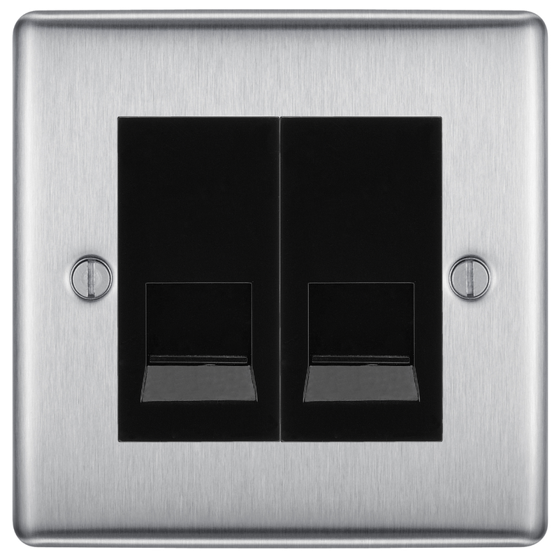 BG Nexus Brushed Steel Double Secondary Telephone Socket, Screw Terminal - Black Insert