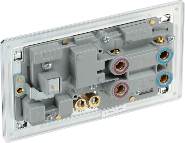 FPC70G Back - This 45A cooker control unit from British General includes a 13A socket for an additional appliance outlet and has flush LED indicators above the socket and switch.