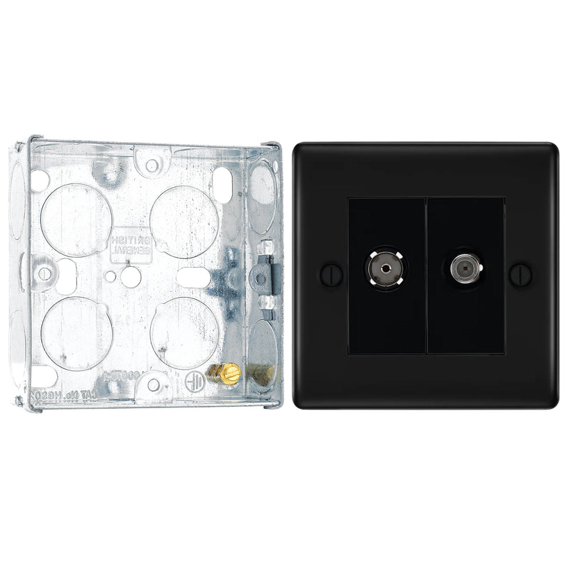 BG Nexus Matt Black Double 1x Co-Axial 1x Satellite Socket NFB65 with 25mm Steel Back Box