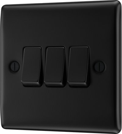 BG NFB43 Nexus Metal Matt Black 3 Gang 20A 16AX 2 Way Plate Switch