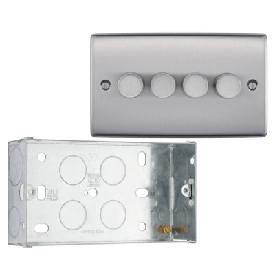 BG Nexus Brushed Steel 2 Way Trailing Edge Quadruple Dimmer Switch NBS84 with 35mm Steel Back Box