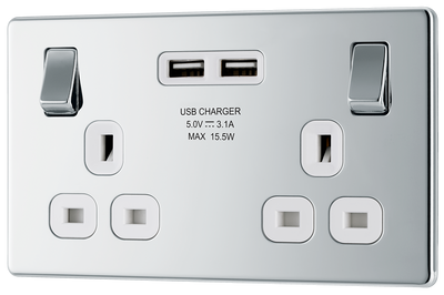 BG FPC22U3W Nexus Screwless Flat-Plate Double Switched Plug Socket Polished Chrome White Insert 2 USB 3.1A