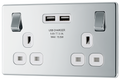 BG FPC22U3W Nexus Screwless Flat-Plate Double Switched Plug Socket Polished Chrome White Insert 2 USB 3.1A