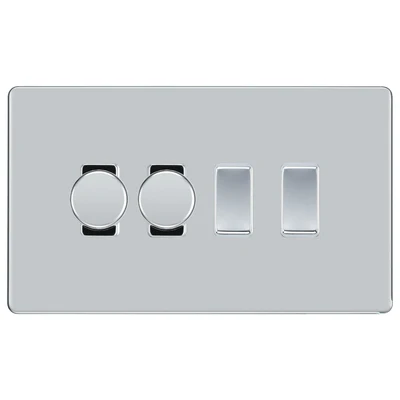 BG Screwless Polished Chrome 4 Gang Light Switch Grid – 2x Trailing-Edge LED Dimmer, 1x Intermediate, 1x 2-Way Switch by British General (BG-SCRL-PC-4G-2x-Dimmer-1x-INT-1x-2Way)
