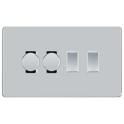 BG Screwless Polished Chrome 4 Gang Light Switch Grid – 2x Trailing-Edge LED Dimmer, 1x Intermediate, 1x 2-Way Switch by British General (BG-SCRL-PC-4G-2x-Dimmer-1x-INT-1x-2Way)