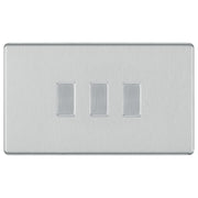 BG Brushed Steel Screwless 3 Gang light Switch in Double Format Custom Grid by British General (BG-SCL-BS-3G-CUSTOM-LIGHT-SWITCH)