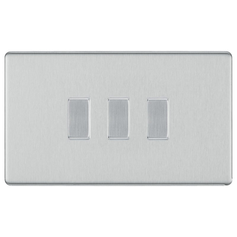 BG Brushed Steel Screwless 3 Gang light Switch in Double Format Custom Grid