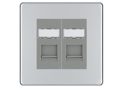 BG Screwless Polished Chrome 2 Gang RJ45 Data Socket FPCRJ452G Grey Inserts