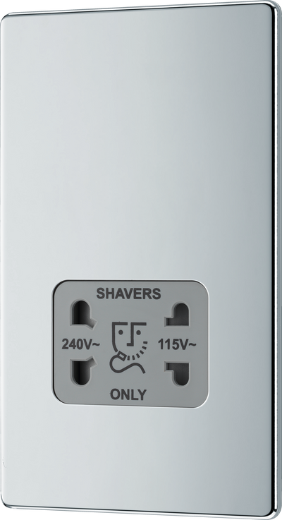 BG FPC20G Nexus Screwless Flat-Plate Shaver Socket Outlet Polished Chrome Grey Insert Dual Voltage 115V - 230V by British General (BG-FPC20G-Shopify-SA_1)