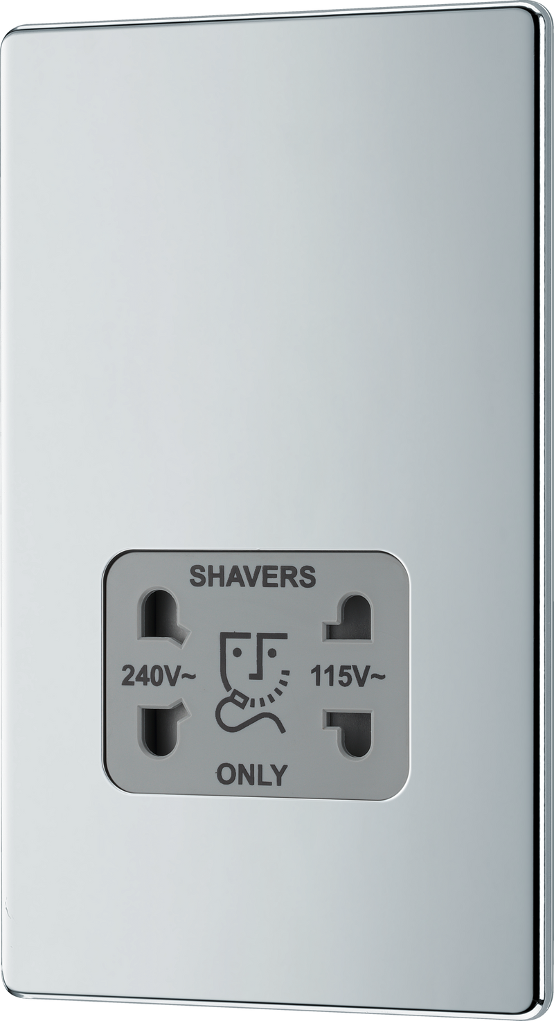 BG FPC20G Nexus Screwless Flat-Plate Shaver Socket Outlet Polished Chrome Grey Insert Dual Voltage 115V - 230V