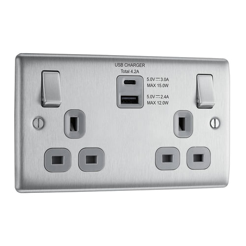 BG NBS22UACG Double 13 Amp Socket Outlet with A and C type USB Charger 3A Switched Socket