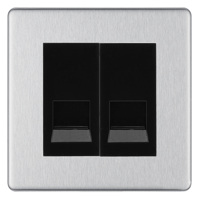 BG Screwless Brushed Steel Double Secondary Telephone Socket, Screw Terminal - Black Insert