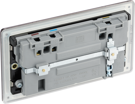 FBN22U3B Back - This completely screwless and slimline flat plate double 13A power socket from British General comes with two USB charging ports allowing you to plug in an electrical device and charge mobile devices simultaneously without having to sacrifice a power socket.