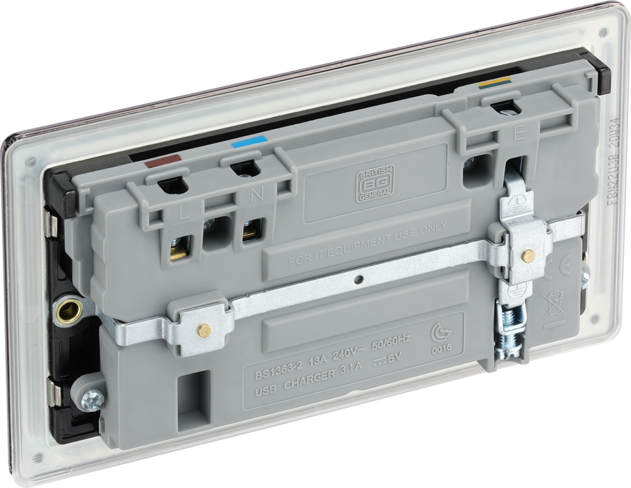 FBN22U3B Back - This completely screwless and slimline flat plate double 13A power socket from British General comes with two USB charging ports allowing you to plug in an electrical device and charge mobile devices simultaneously without having to sacrifice a power socket.