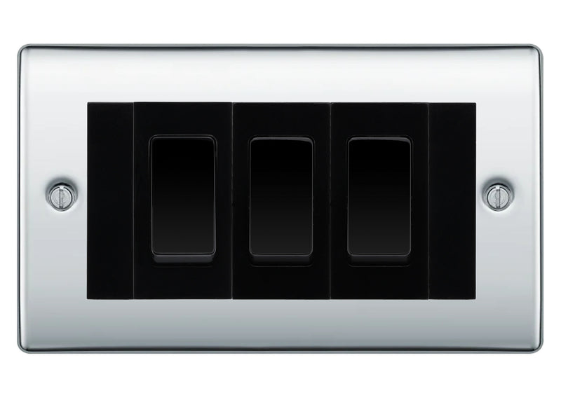 BG Electrical Nexus Polished Chrome 3 Gang 20AX 2-Way Switch Custom Grid - Black Insert