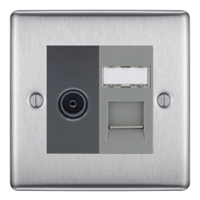 BG Nexus Brushed Steel TV Aerial & RJ45 CAT6 Data Socket - Grey Insert