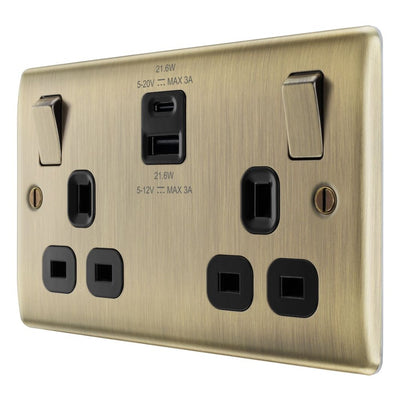 Antique Brass 13A 1x USB-A 1x USB-C Double Switched & Surface Pattress Back Box
