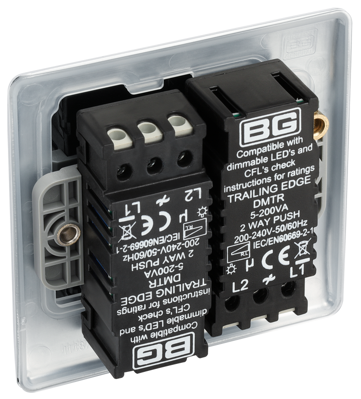 NPC82 Back - This trailing edge double dimmer switch from British General allows you to control your light levels and set the mood. The intelligent electronic circuit monitors the connected load and provides a soft-start with protection against thermal