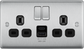BG NBS22UAC12B Brushed Steel Double Socket with USB 12W Type A & C USB Black Inserts
