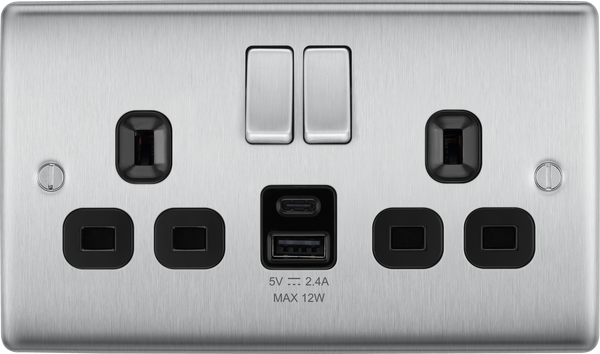 BG NBS22UAC12B Brushed Steel Double Socket with USB 12W Type A & C USB Black Inserts