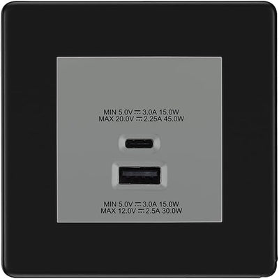 BG Screwless Matt Black 45W USB Wall Socket Euro Module USB-A & C - Grey Insert by British General (BG-FFBEMS2+EMUSBAC45G)