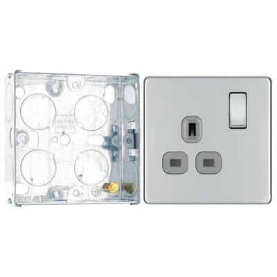 BG Screwless Polished Chrome 13A Single Switched Socket FPC21G with 25mm Steel Back Box by British General (BG-FPC21G+HGS02)