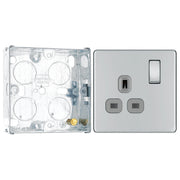 BG Screwless Polished Chrome 13A Single Switched Socket FPC21G with 25mm Steel Back Box by British General (BG-FPC21G+HGS02)